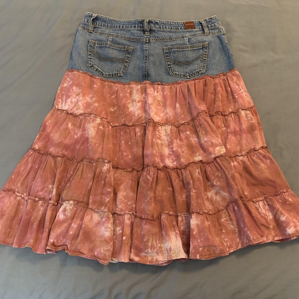 Jalate Skirt Womens 11 Blue Pink Denim Tiered Ruffle Boho Peasant 5 Pocket Lined - Picture 6 of 9